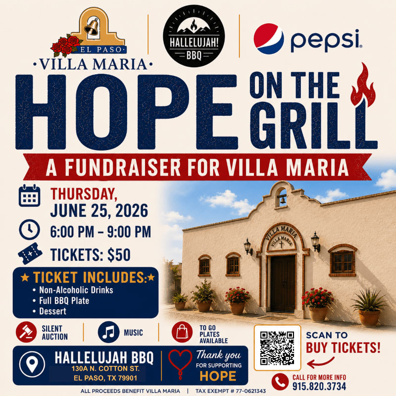 A flyer for a "Hope on the Grill" fundraiser for Villa Maria features event details on the left and a building with potted plants in the foreground against a blue sky in the background.