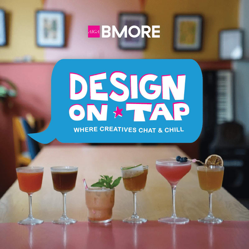 Six colorful cocktails sit on a pink surface in the foreground, with a blue speech bubble graphic and "DESIGN ON TAP" text superimposed over a blurred background of a room with a piano.