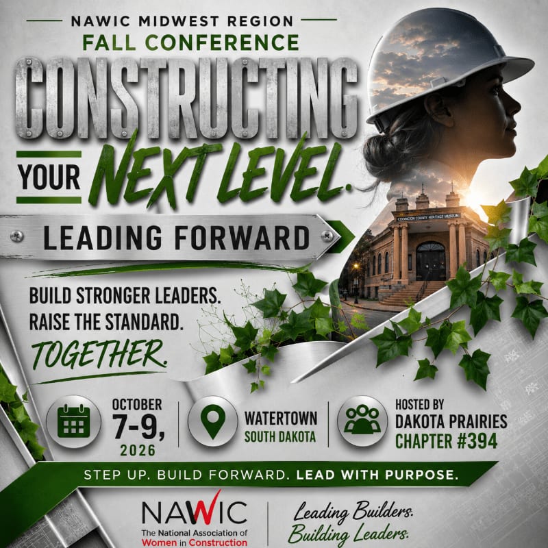 A woman in a hard hat looks towards a building with vines in the foreground, advertising the NAWIC Midwest Region Fall Conference.