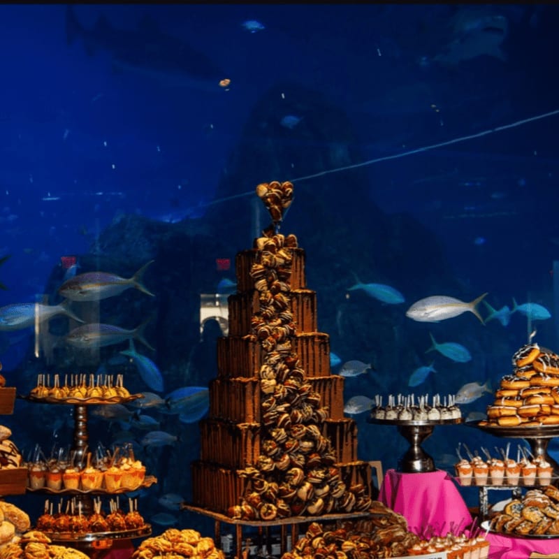 A towering chocolate cake and various desserts are displayed in front of a vibrant aquarium filled with fish.