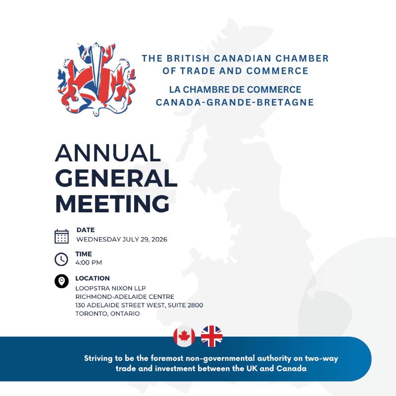An announcement for the British Canadian Chamber of Trade and Commerce's Annual General Meeting is displayed against a faint map of Great Britain, with event details in the foreground.
