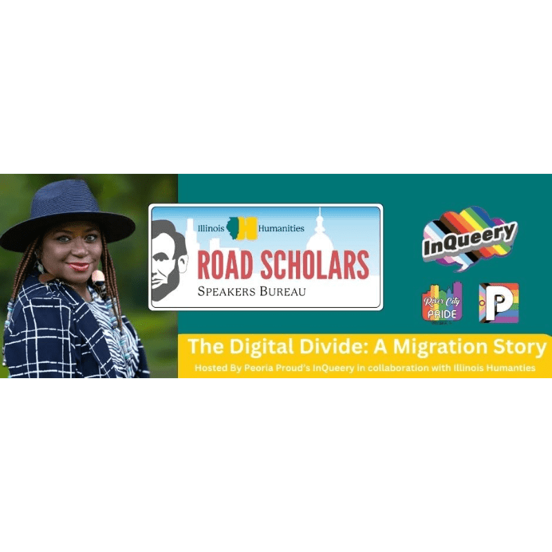 A woman in a hat and plaid shirt stands in front of a teal banner with event details and logos.