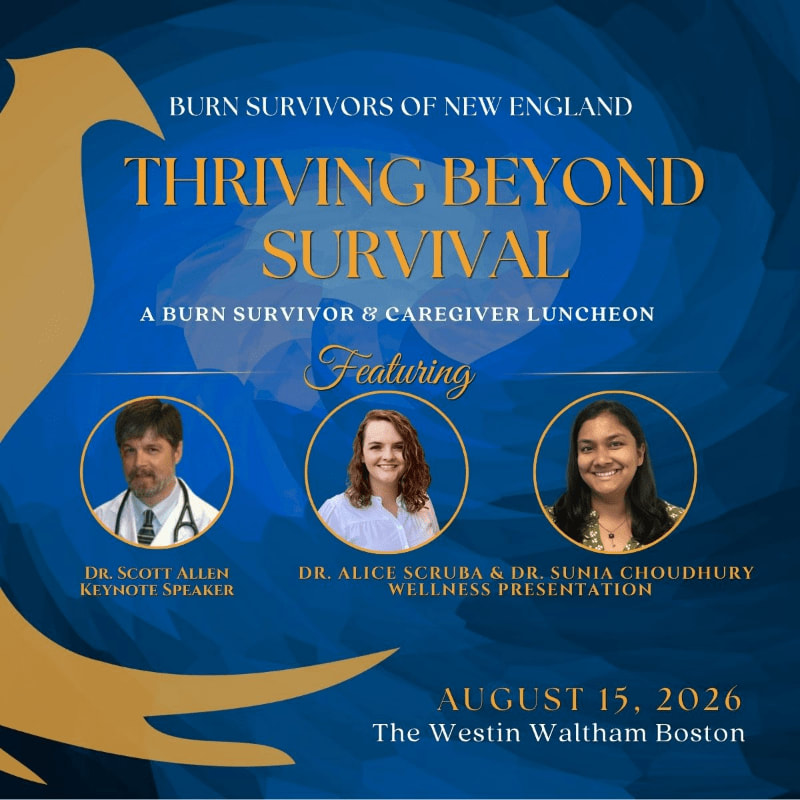 A golden phoenix silhouette frames a blue background with event details for "Thriving Beyond Survival," a luncheon for burn survivors and caregivers, featuring three speakers and event information.
