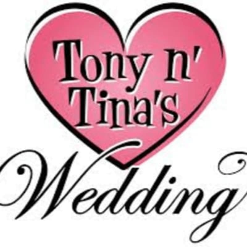 A pink heart with "Tony n' Tina's" written inside is above the word "Wedding" in elegant script, all on a white background.
