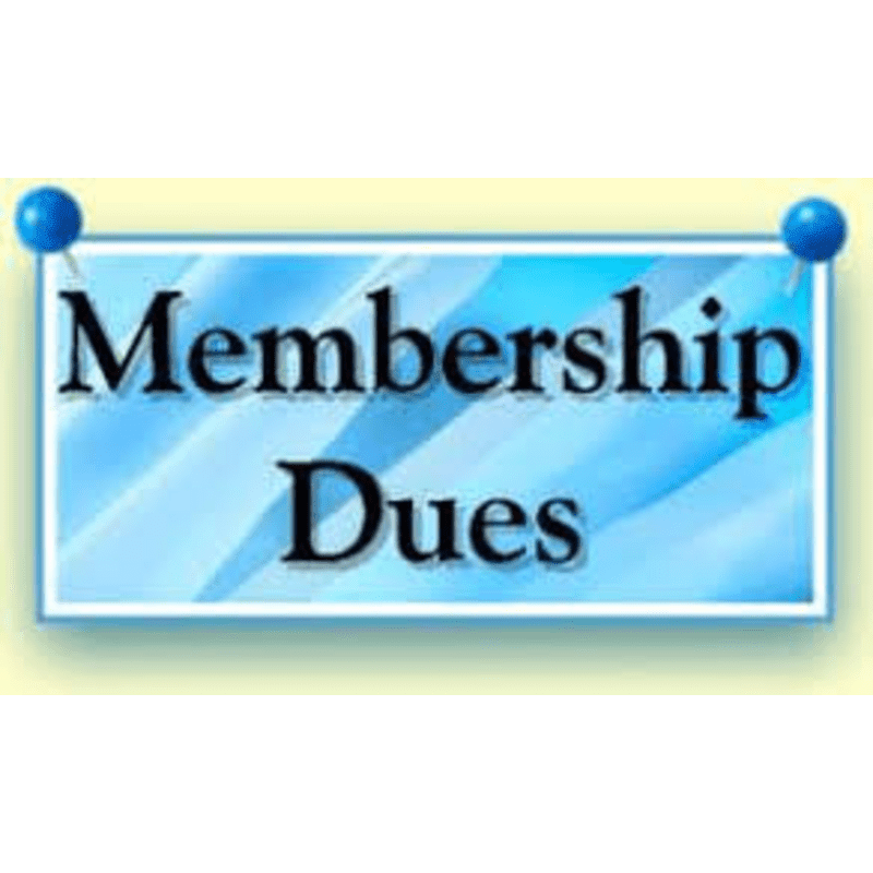 A blue sign with the words "Membership Dues" in black text is pinned to a light yellow background with two blue thumbtacks.