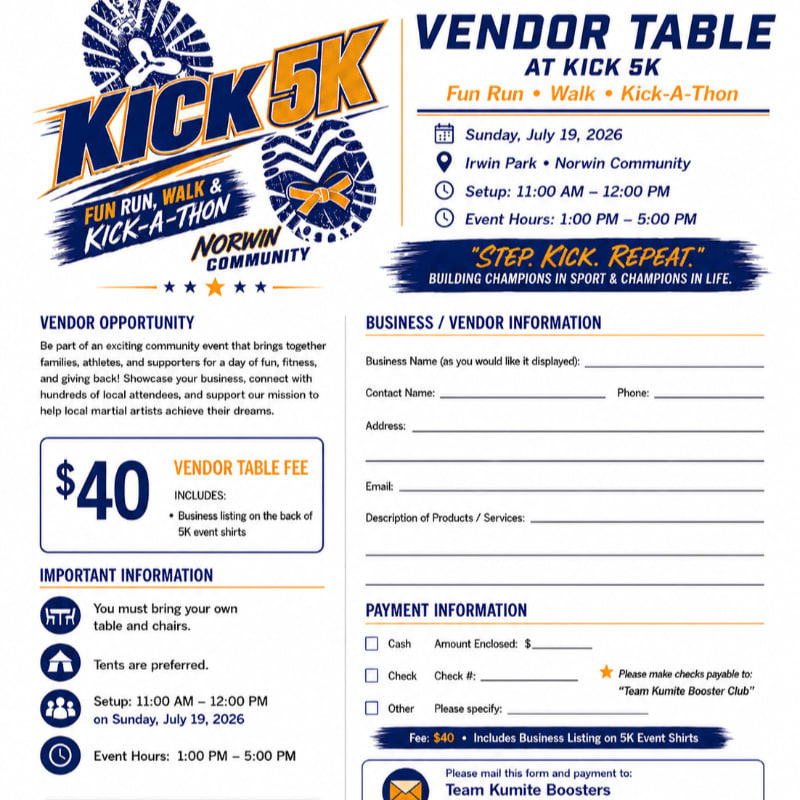 A flyer for a "Kick 5K" event is displayed, with the foreground featuring vendor information and payment details, and the background showing event branding and details.