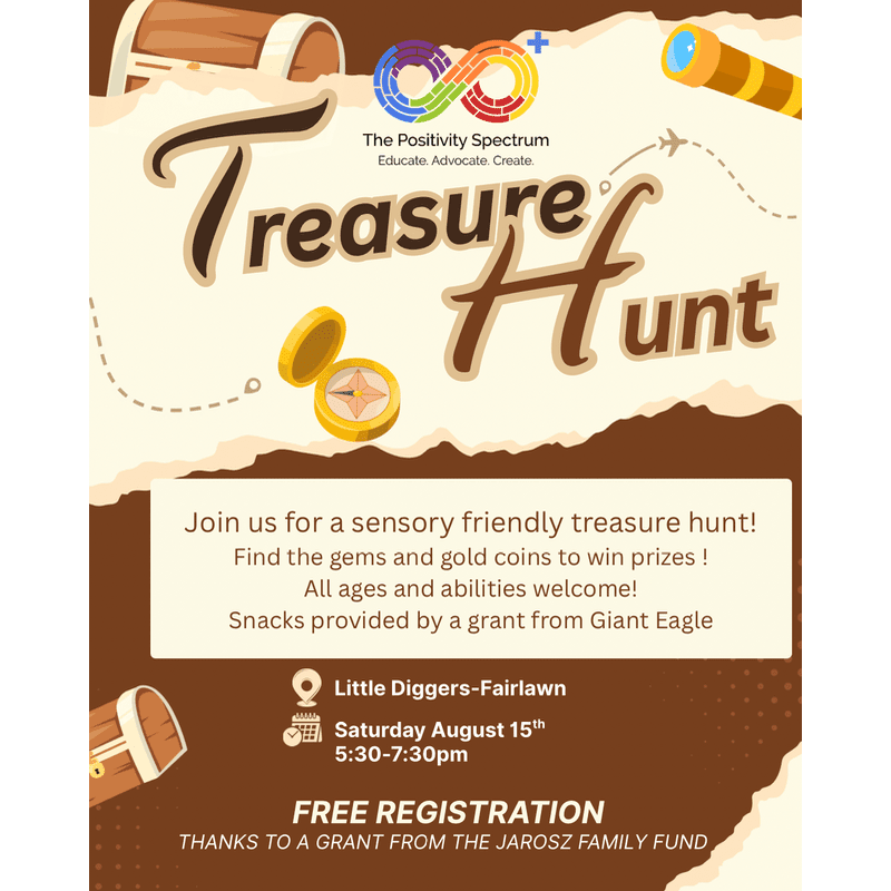 A treasure hunt poster with a compass and coins in the foreground and a telescope and treasure chests in the background advertises a sensory-friendly event.
