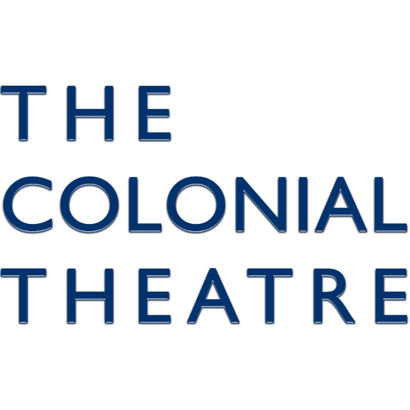 Dark blue, three-dimensional text spelling "THE COLONIAL THEATRE" is centered on a plain white background.
