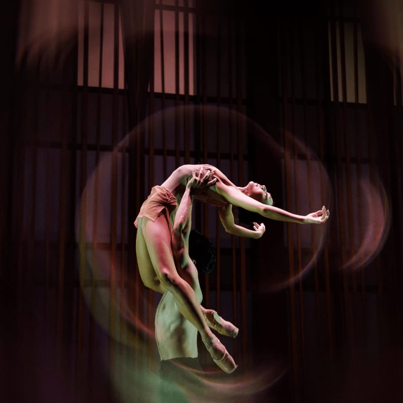 A male ballet dancer lifts a female dancer in a graceful pose against a dark, curtained background with blurred circular lights.