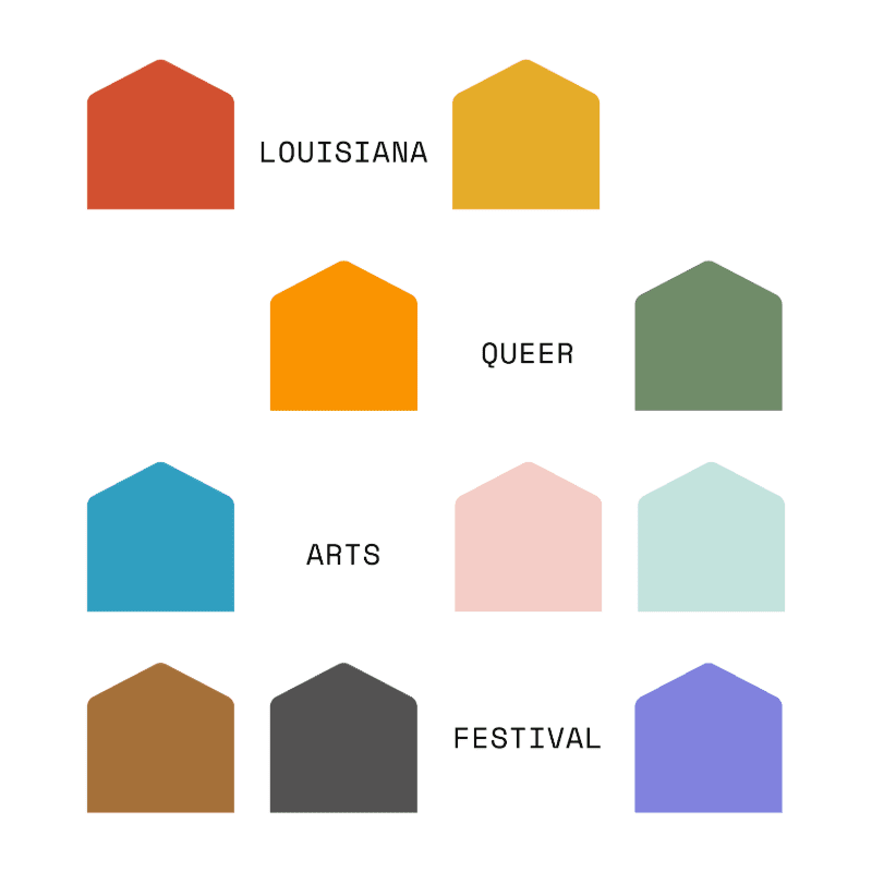 Colorful house-shaped icons are arranged in rows with text labels "LOUISIANA", "QUEER", "ARTS", and "FESTIVAL" in the background.