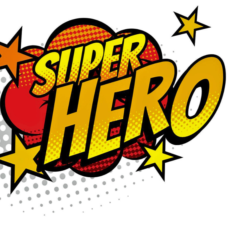 Bold yellow and orange "SUPER HERO" text explodes from a red comic book-style speech bubble, surrounded by yellow stars and a halftone dot pattern.