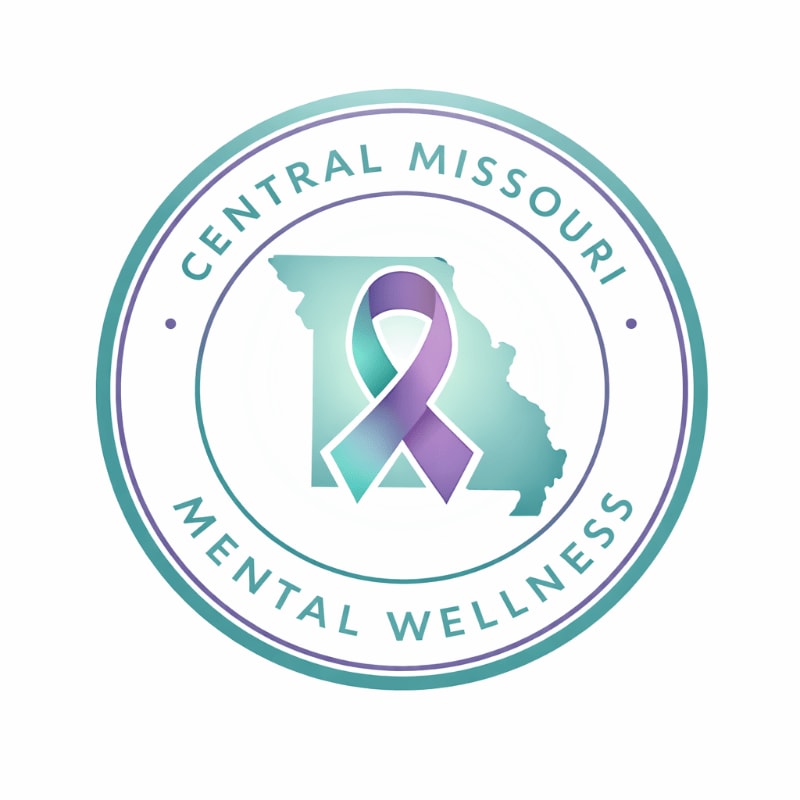 A teal and purple ribbon is superimposed on a light blue outline of Missouri, all within a circular emblem that reads "Central Missouri Mental Wellness."