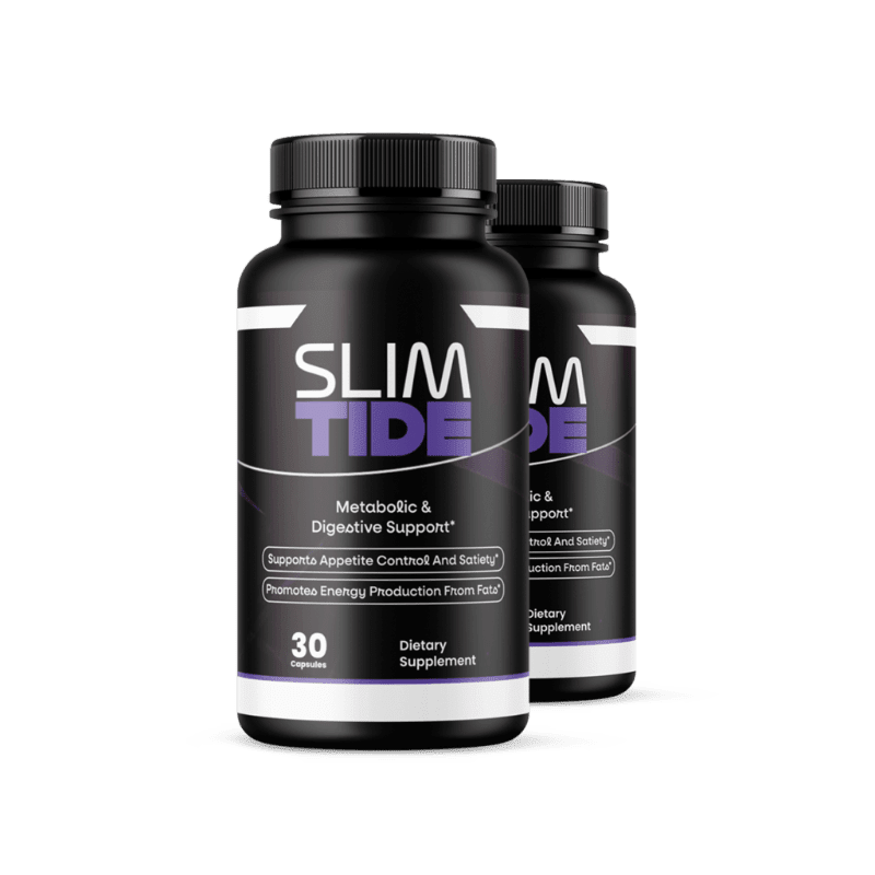 Two black bottles of "Slim Tide" dietary supplement stand on a white background.