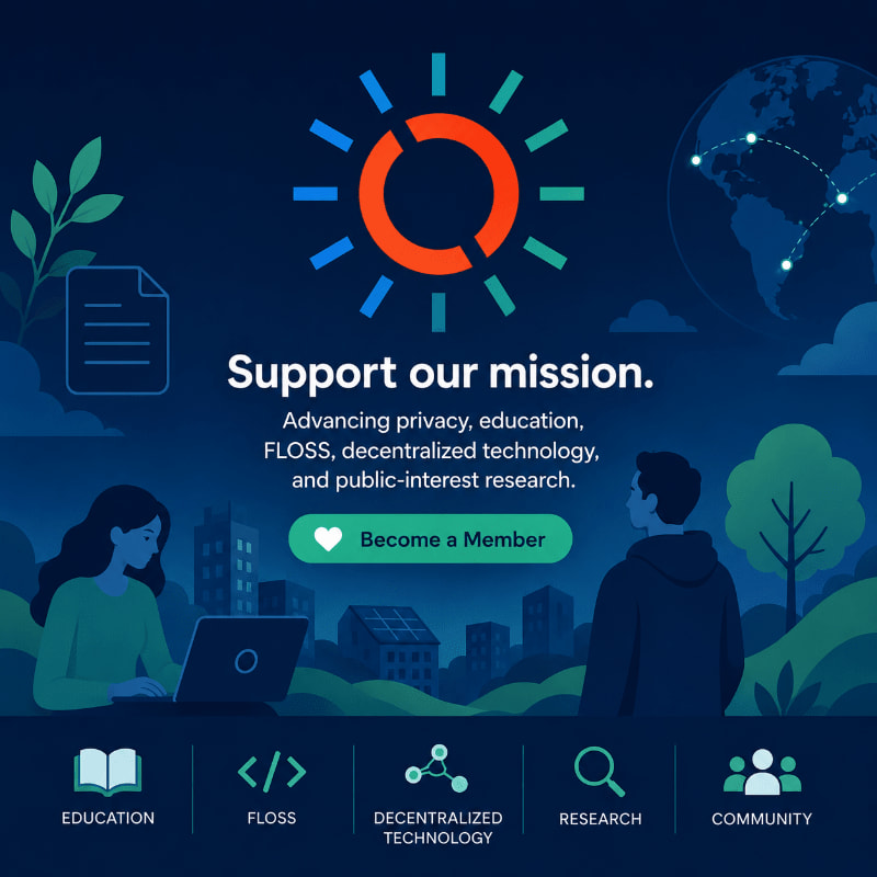 A stylized sun logo shines above text about supporting a mission, with silhouetted figures and icons representing education, technology, and community set against a dark, illustrated cityscape and globe.
