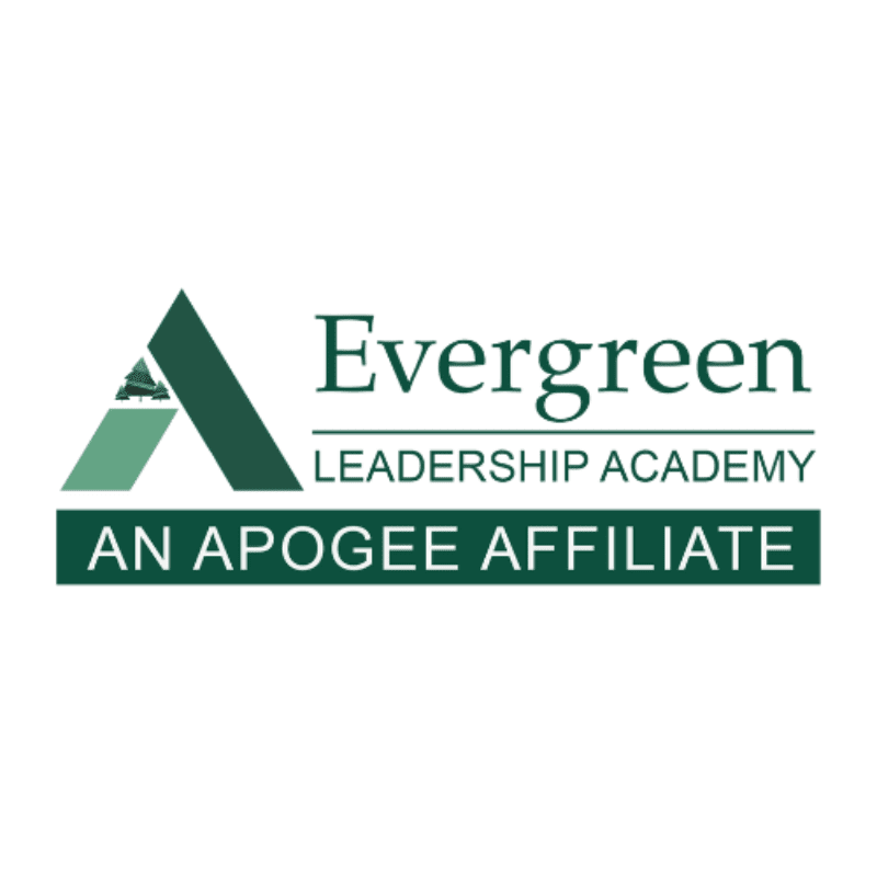 A green triangle with a silhouette of trees on its left side is in the foreground, with the words "Evergreen Leadership Academy" and "AN APOGEE AFFILIATE" in green text on a white background in the background.