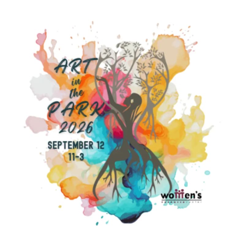 A stylized tree with roots forms the central element against a vibrant watercolor splash background, with text announcing "ART in the PARK 2026 SEPTEMBER 12 11-3" and "WOMEN'S EXHIBITION 2026" in the lower right.