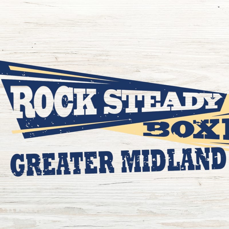 A navy and yellow banner with "ROCK STEADY BOXING GREATER MIDLAND" is superimposed on a light wood-grain background.
