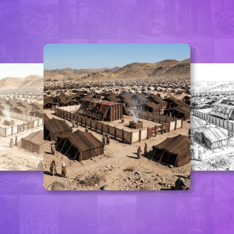 A central, detailed rendering of a desert encampment with tents and a central structure is flanked by two stylized, less detailed depictions of similar scenes.