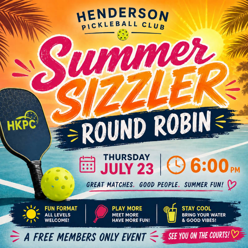 A pickleball paddle and ball are in the foreground, with a vibrant "Summer Sizzler Round Robin" event poster in the background.