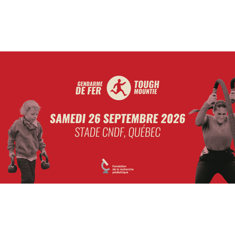 A young girl with a kettlebell in her left hand stands on the left foreground, while a woman with battle ropes is on the right foreground, against a red background with event details and logos.