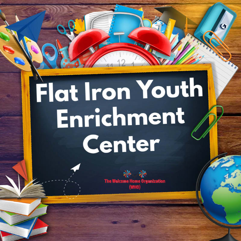 A chalkboard with "Flat Iron Youth Enrichment Center" written on it is surrounded by school supplies, with a stack of books and a globe in the foreground and a wooden background.