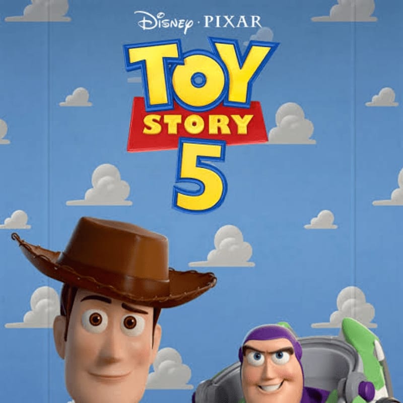 Woody and Buzz Lightyear are featured in the foreground against a bright blue sky with cartoon clouds and the "Toy Story 5" logo.