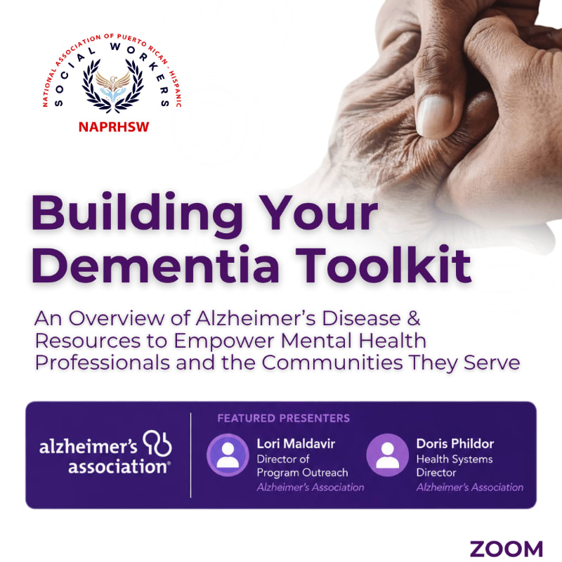 A purple banner with event details and presenter information is overlaid on a blurred background of an elderly person's hands.