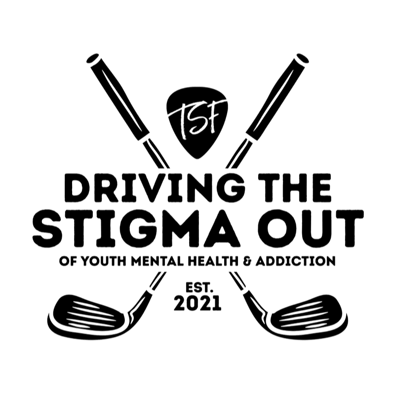 Two crossed golf clubs form an 'X' behind the bold text "DRIVING THE STIGMA OUT" and "OF YOUTH MENTAL HEALTH & ADDICTION," with "EST. 2021" below and a small guitar pick logo at the top.