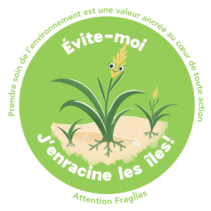 A cartoon plant with a smiling face stands in sandy soil in the foreground, while a green circle with French text about environmental care forms the background.