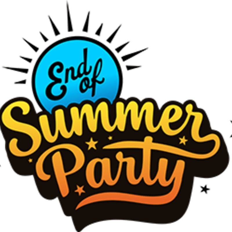 A bright blue sun with radiating rays sits above bold, colorful text that reads "End of Summer Party," with small stars scattered around the lettering against a white background.