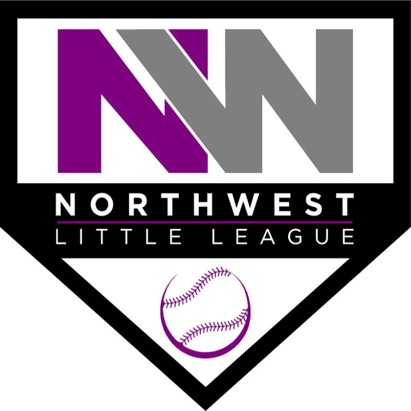 A purple and gray "NW" logo sits above the words "NORTHWEST LITTLE LEAGUE" and a baseball, all within a black and white home plate shape.