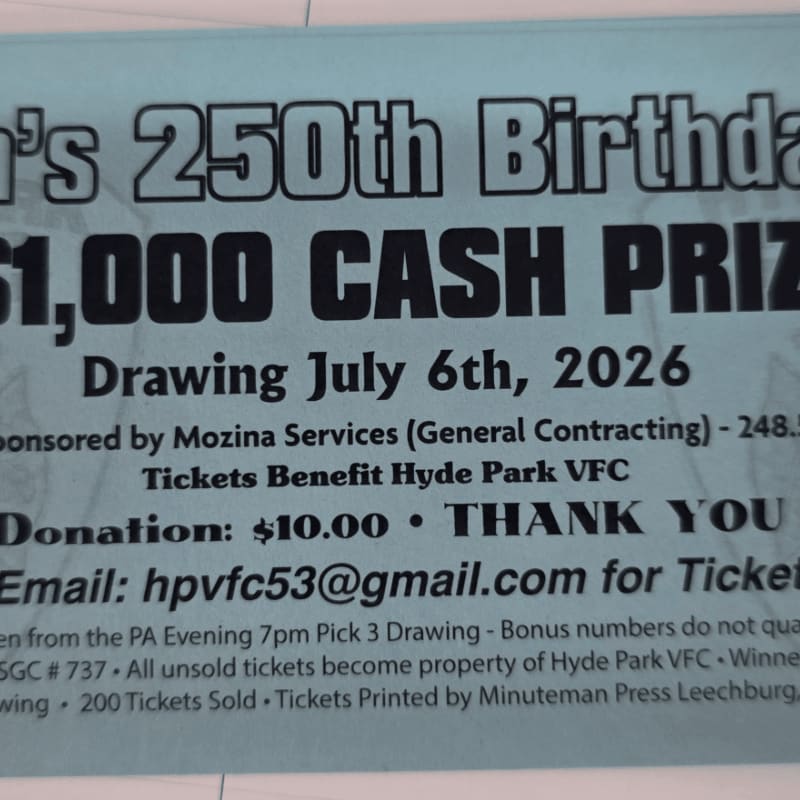A flyer announcing a $1,000 cash prize drawing for a 250th birthday celebration is displayed against a light blue background.