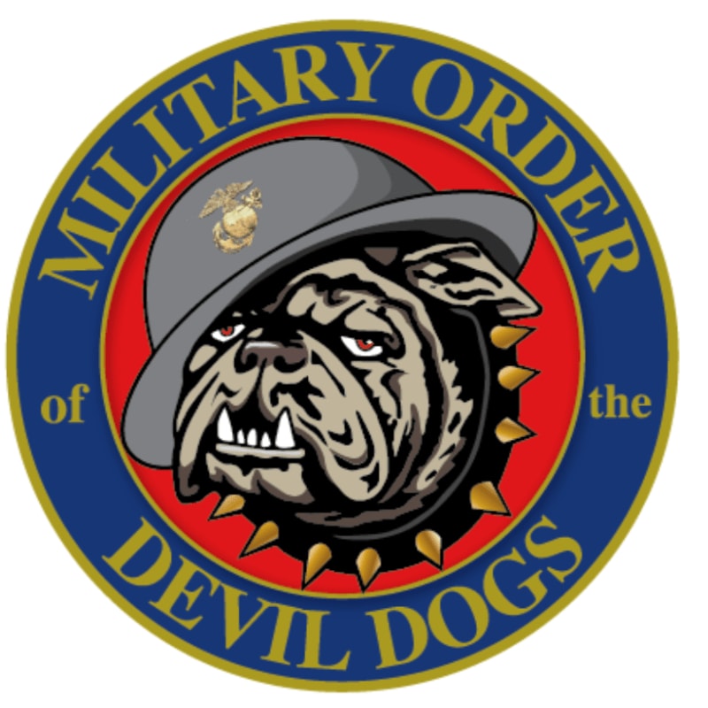 A fierce bulldog wearing a Marine Corps helmet and spiked collar is centered within a circular emblem that reads "MILITARY ORDER of the DEVIL DOGS" in bold yellow letters against a blue background.