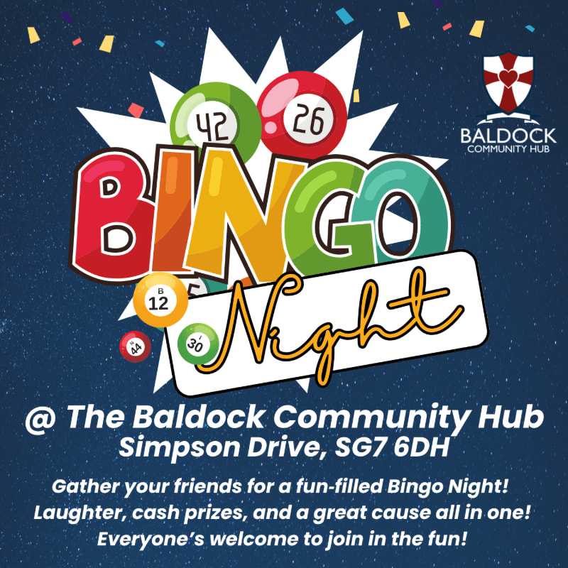 Colorful bingo balls and the words "BINGO Night" are in the foreground, set against a dark blue background with confetti and the Baldock Community Hub logo.
