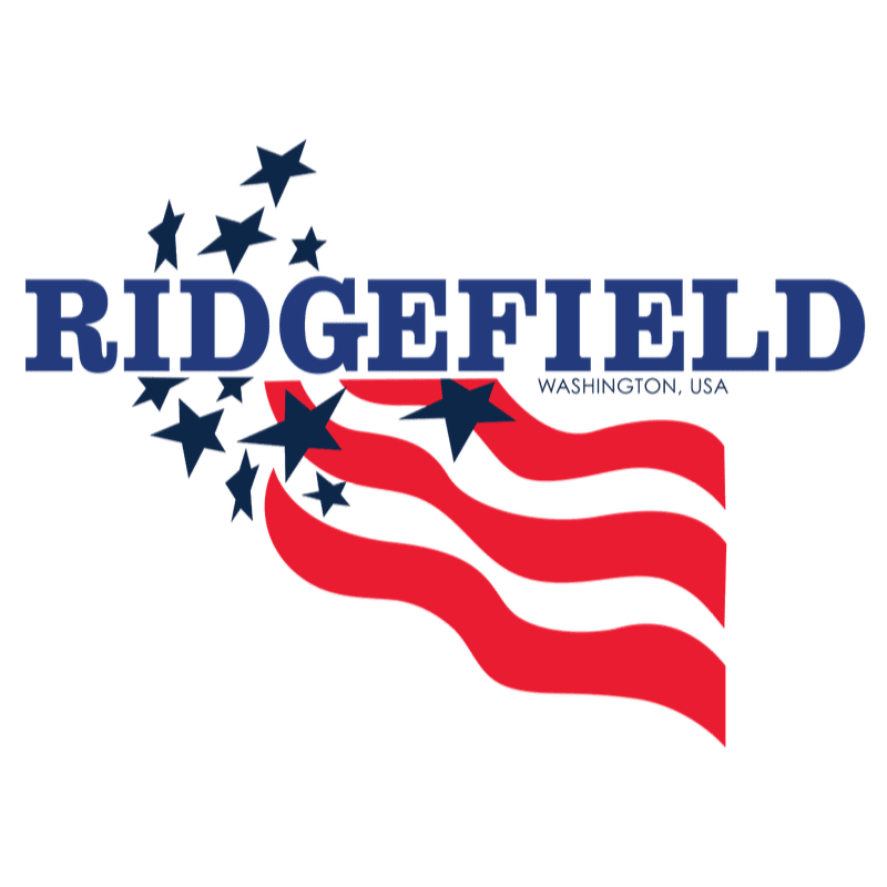 A stylized American flag with red and white stripes and blue stars forms the foreground, with the word "RIDGEFIELD" in blue letters and "WASHINGTON, USA" in smaller gray letters in the background.