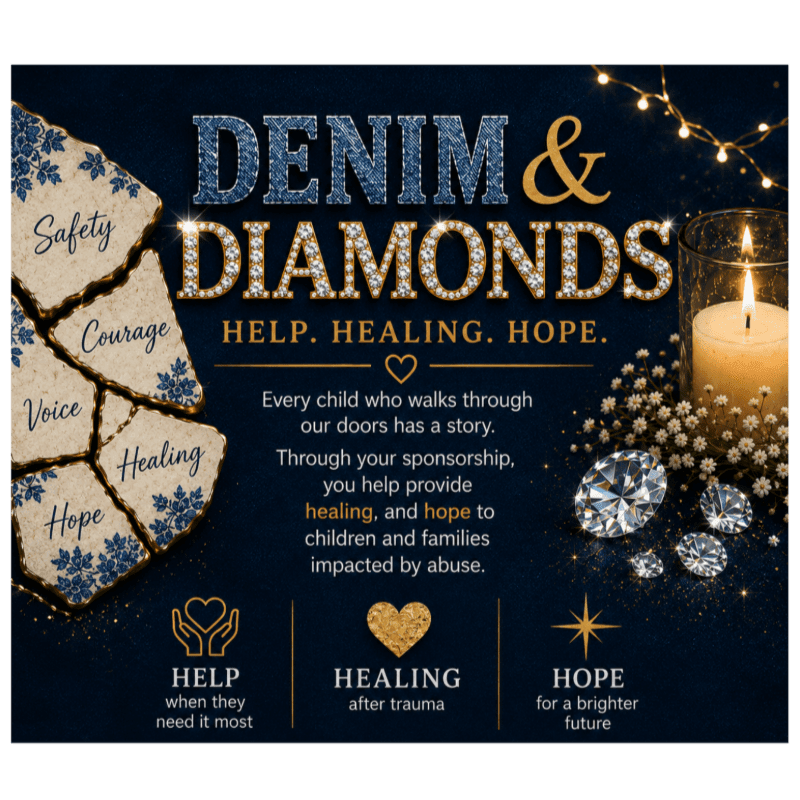 A cracked stone puzzle with words like "Safety" and "Hope" on the left is juxtaposed with sparkling diamonds and a lit candle on the right, all set against a dark blue background with "DENIM & DIAMONDS" in large letters.