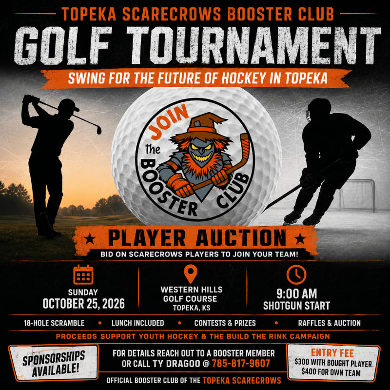 Silhouetted golfers and a hockey player are featured in the foreground against a large golf ball with a scarecrow mascot, while the background displays event details for the Topeka Scarecrows Booster Club Golf Tournament.