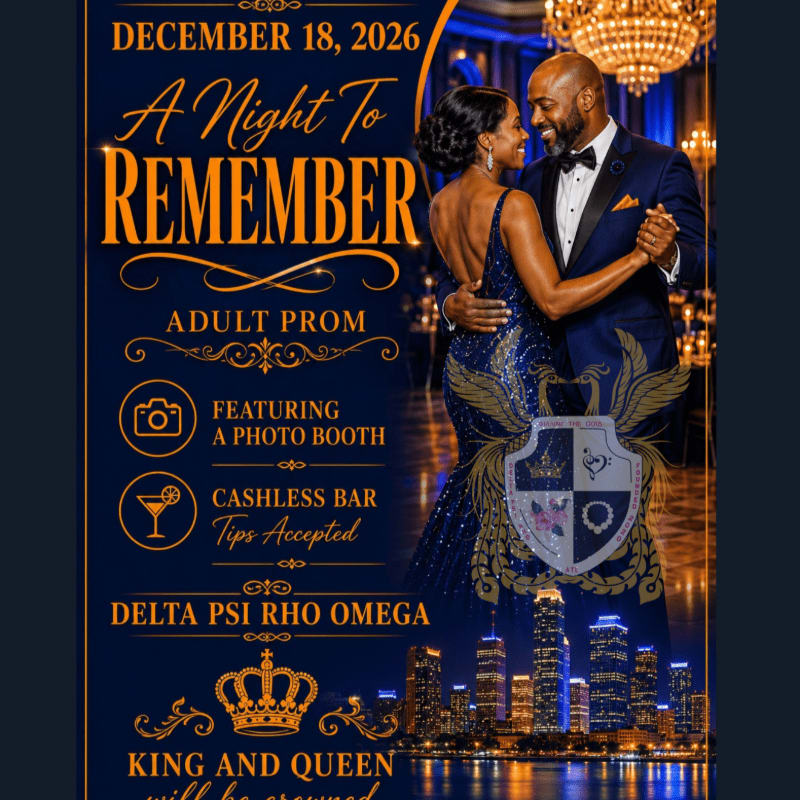 A couple dances in formal attire against a backdrop of a city skyline and ornate chandelier, advertising an adult prom.