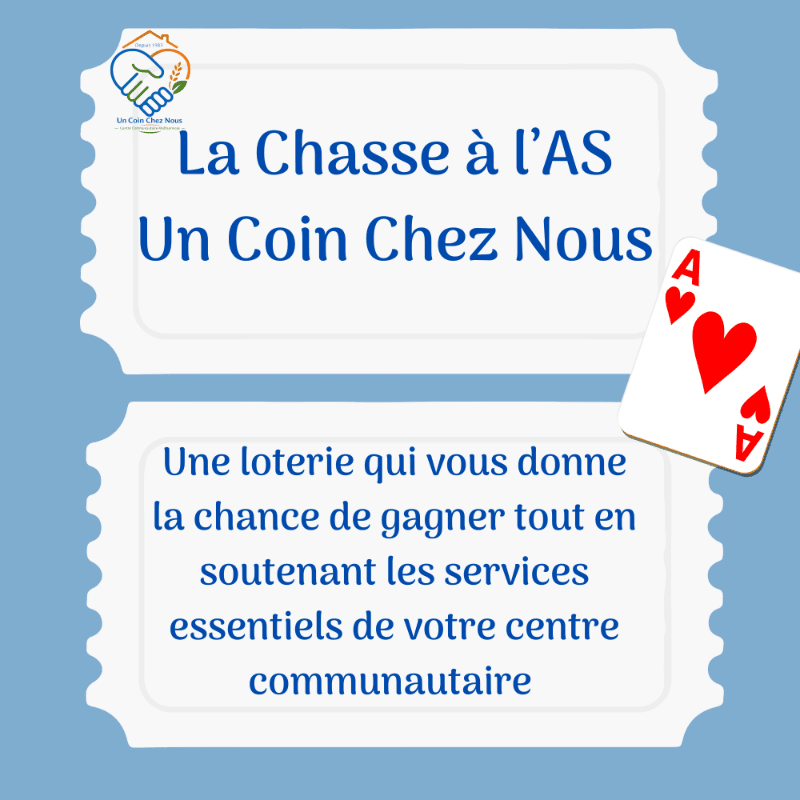 A lottery announcement with playing cards in the foreground and text about a community center fundraiser in the background.