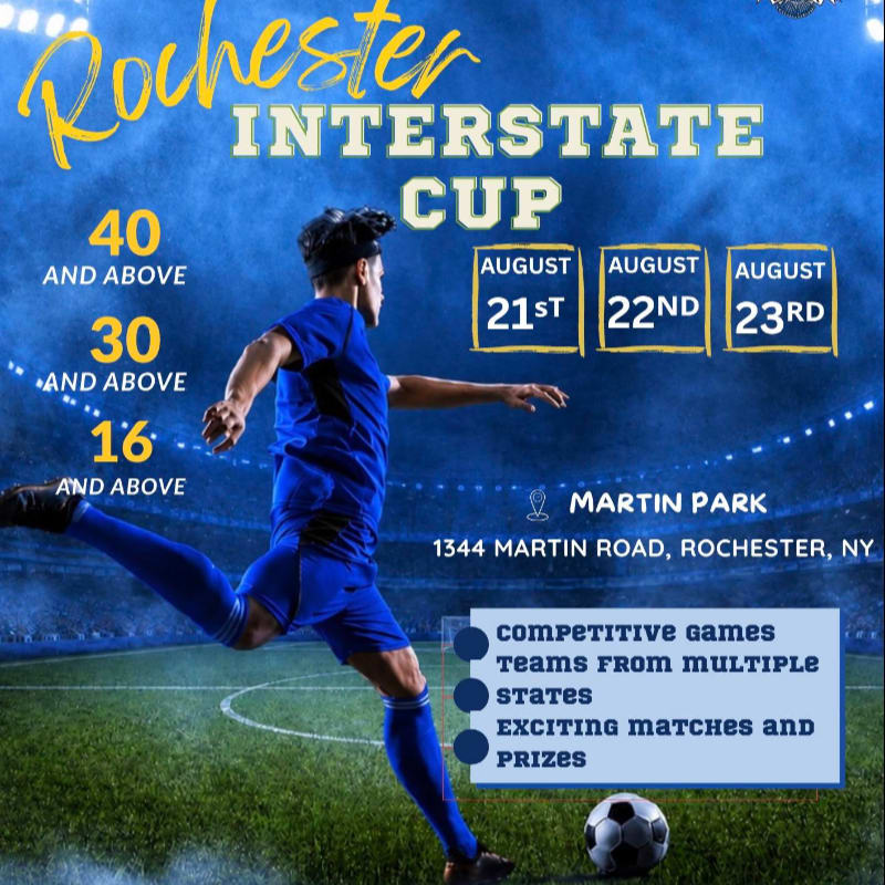 A soccer player in a blue uniform kicks a ball on a grassy field in the foreground, with event details for the Rochester Interstate Cup in the background.