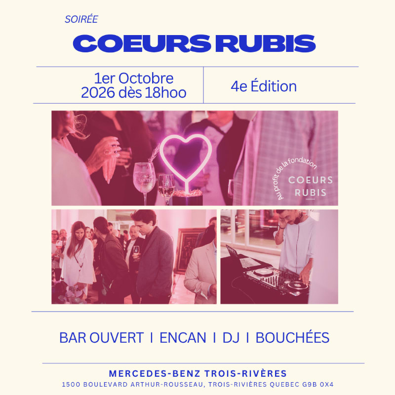 A collage of event photos featuring people mingling and a DJ setup is overlaid with event details for "Soirée Coeurs Rubis" on a cream background.