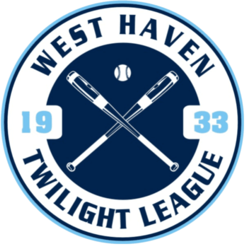 Two crossed baseball bats and a ball are centered within a circular logo that reads "West Haven Twilight League 1933" against a dark blue background.