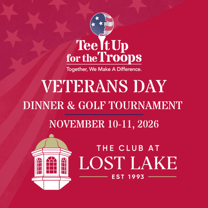A red background with white text and graphics advertises a Veterans Day dinner and golf tournament at The Club at Lost Lake, featuring a stylized golf ball with an American flag.