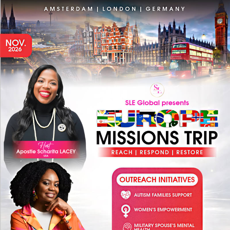 Apostle Scharita Lacey is featured in the foreground with a European city skyline in the background, advertising a missions trip.