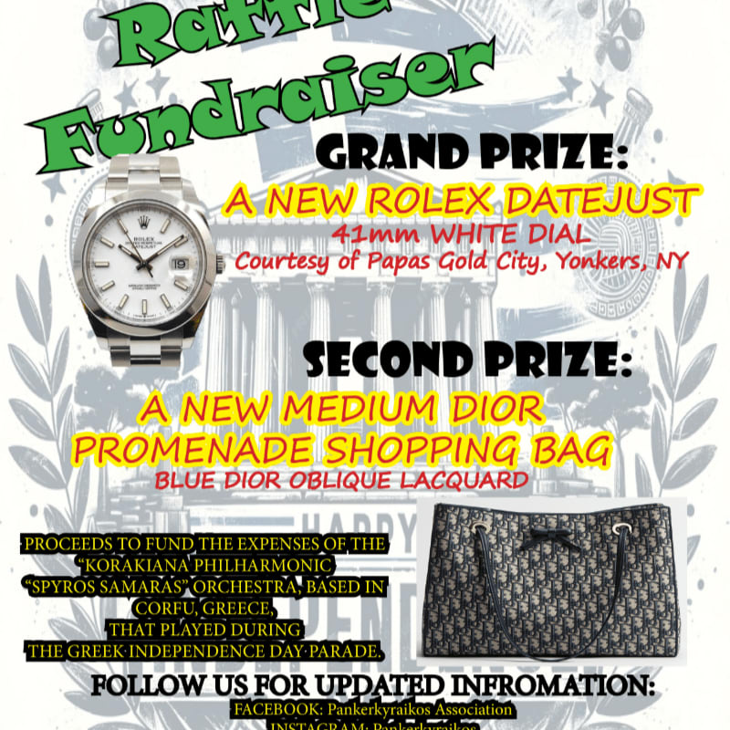A Rolex watch and a Dior bag are featured in the foreground of a flyer announcing a raffle fundraiser for a Greek orchestra, with a neoclassical building in the background.
