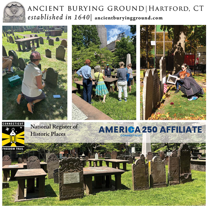 In the foreground, weathered gravestones and stone tables stand in a grassy cemetery, while the background features a collage of people interacting with the historical site and city buildings.