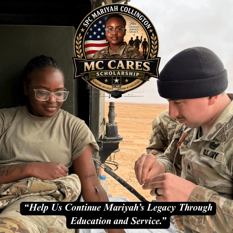 Two soldiers in uniform are in the foreground, with a scholarship logo featuring a portrait of a soldier in the background.