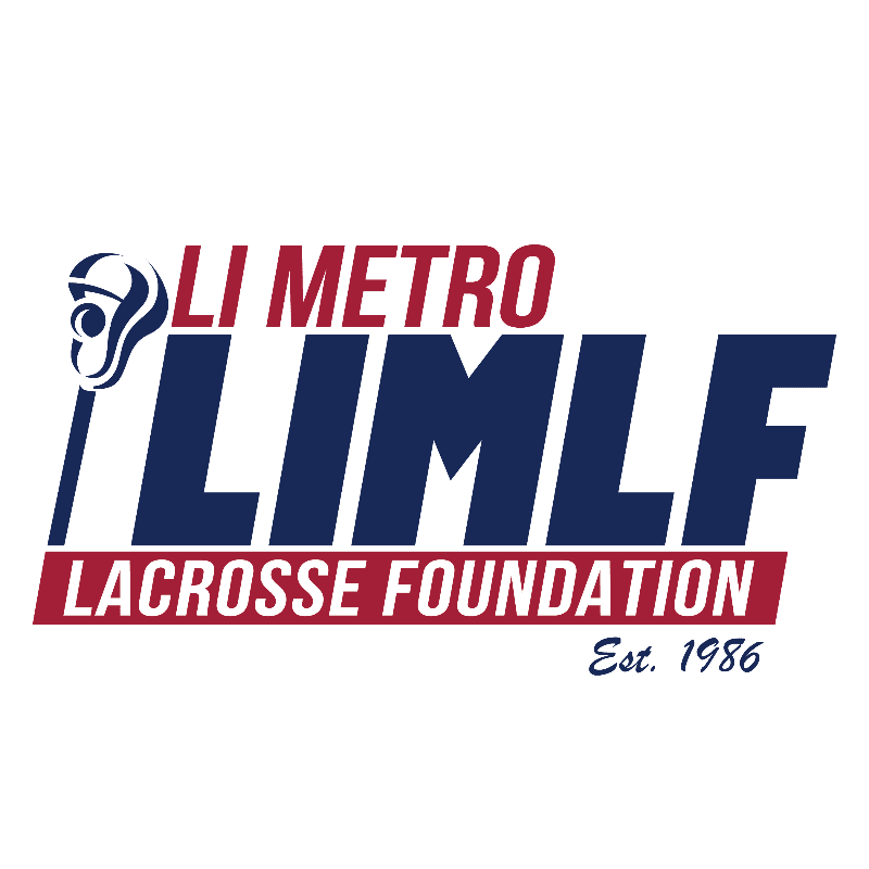 A white background frames a logo with a lacrosse stick and helmet on the left, the text "LI METRO LIMLF LACROSSE FOUNDATION" in red and blue, and "Est. 1986" in smaller text on the right.