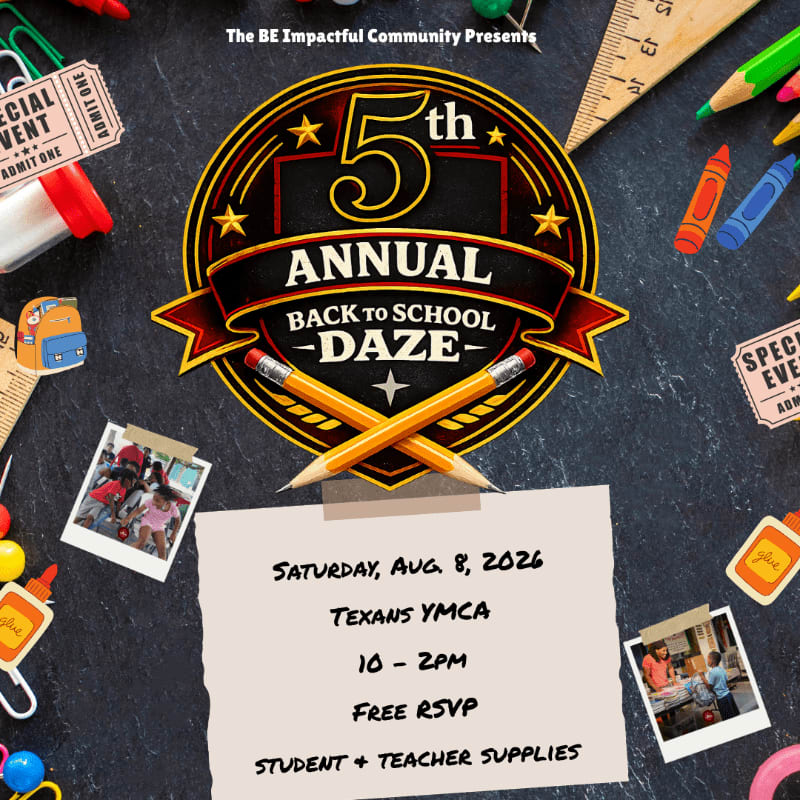 A chalkboard background features a "5th Annual Back to School Daze" event announcement with school supplies and photos in the foreground.