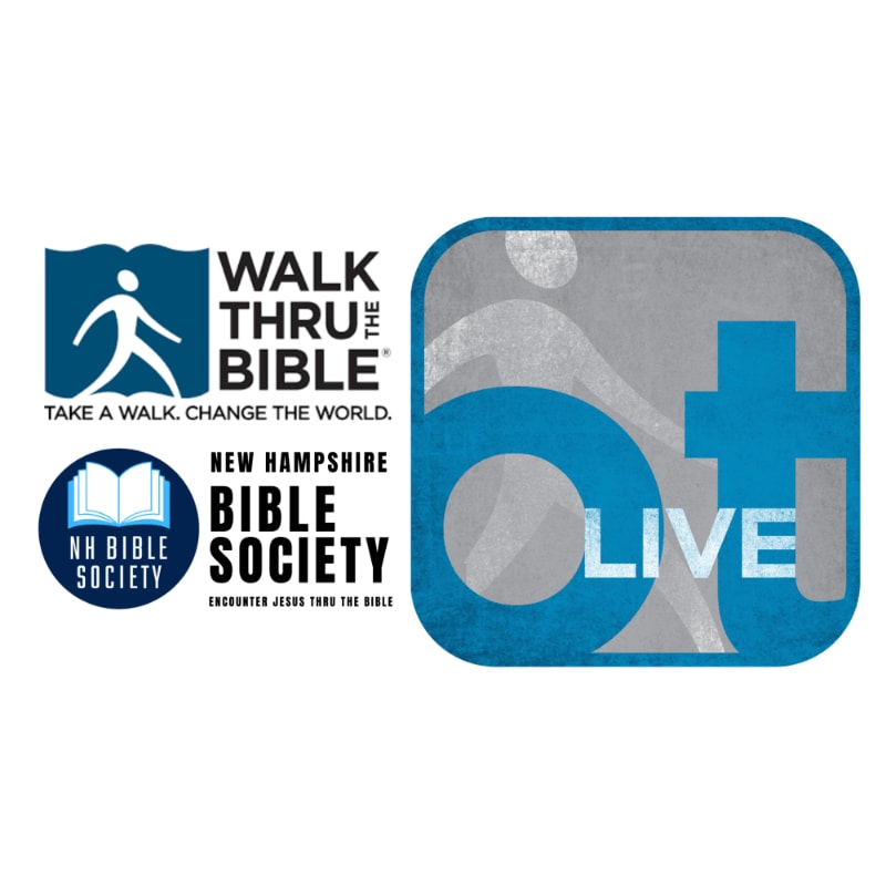 A blue and white logo for the New Hampshire Bible Society is on the left, with a stylized walking figure and an open book, while a rounded square logo with a cross and the word "LIVE" is on the right.